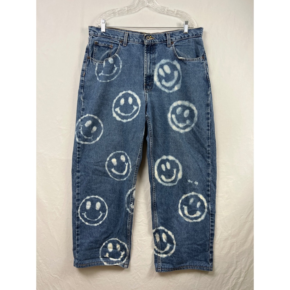 Nautica Jeans Co Denim Pants Mens 36x28 Blue Bleach Dye Smiley Face Streetwear